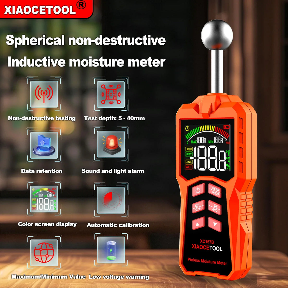 Spherical non-destructive induction moisture meter, high-precision wall water leakage detector, wood furniture humidity tester