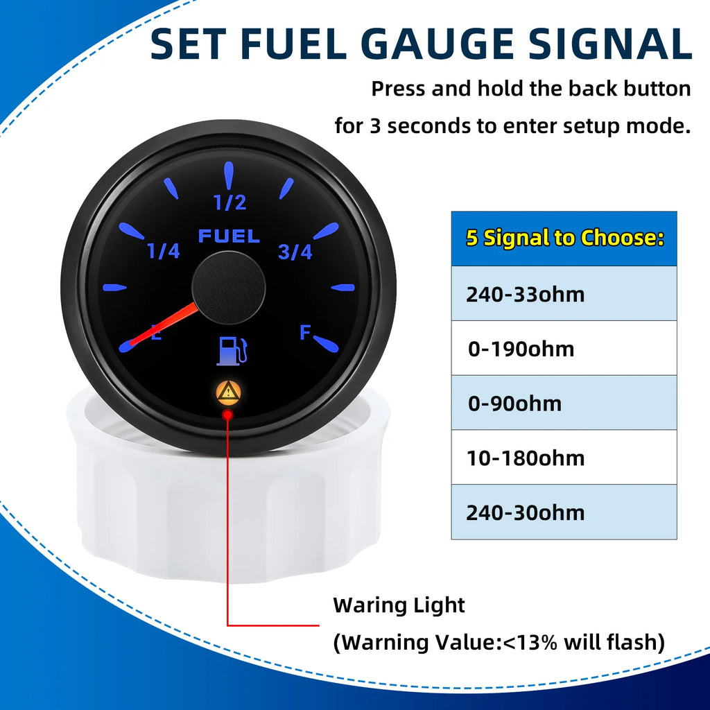 2"52mm Fuel Level Gauge with Flashing Alarm 0-190ohm 240-33ohm 10-180ohm 0-90ohm Oil Tank Meter 7 Color Backlight for Car Boat