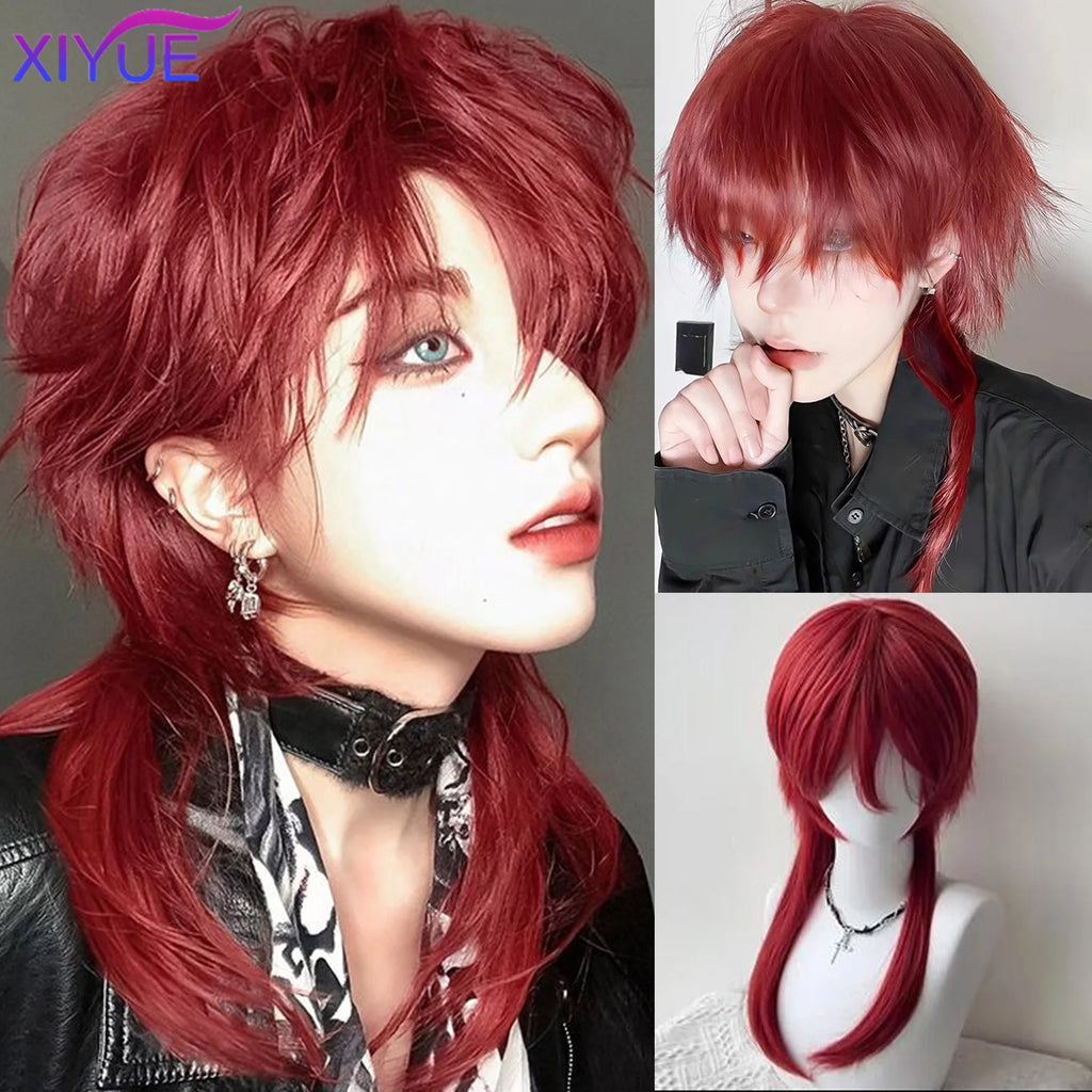 Wolf tailed Mullet Wig Mullet Head Wigs with Bangs Synthetic Straight Anime Men red Hair Wig for Daily Party Cosplay