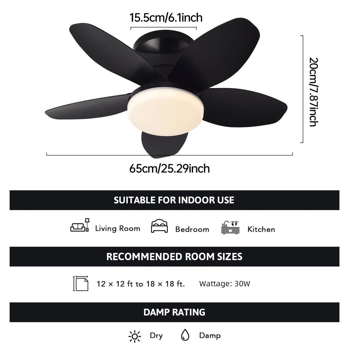 25 inch Ceiling Fans with Lights and Remote,Flush Mount Ceiling Fan,Reversible Quiet DC Motor Low Profile Ceiling Fans For Livin
