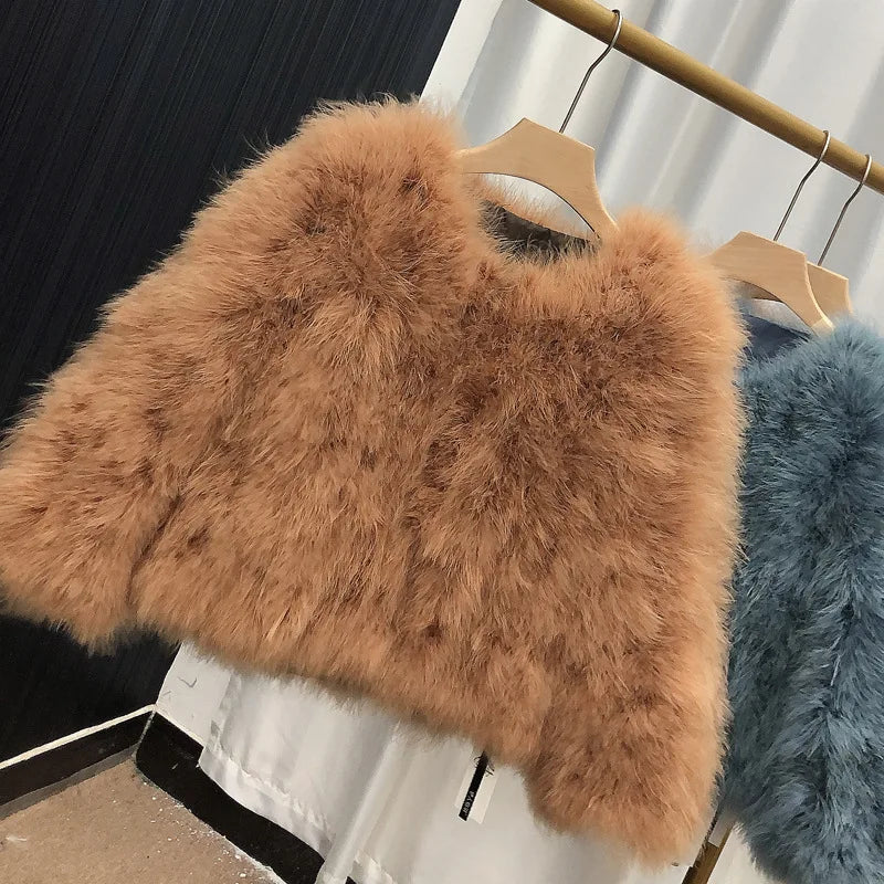 Ostrich Feather Coat for Women 100% Natural Fur Coats O Neck Long Sleeve Ladies Nightclub Turkey Jackets Winter Fashion