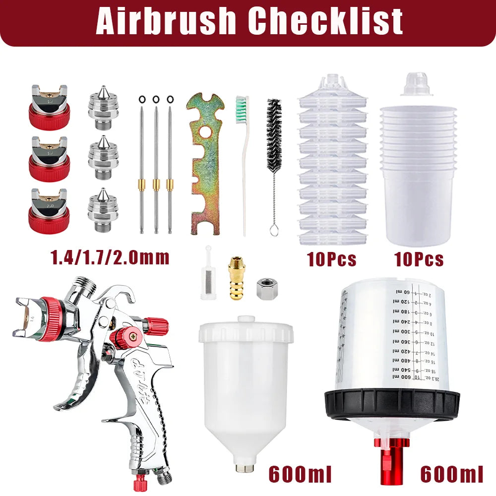 1.4mm 1.7mm 2.0mm Professional HVLP Spray Gun Home Automatic Paint Spray Gun Tool, 600ml No Clean Disposable Measuring Cup 10pcs