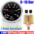 Custom Auto Car 52mm Oil Pressure Gauge+Sensor 7 Color Backlight 0~5Bar 0-10Bar Oil Press Meter with Sensor Marine Boat 12V24V