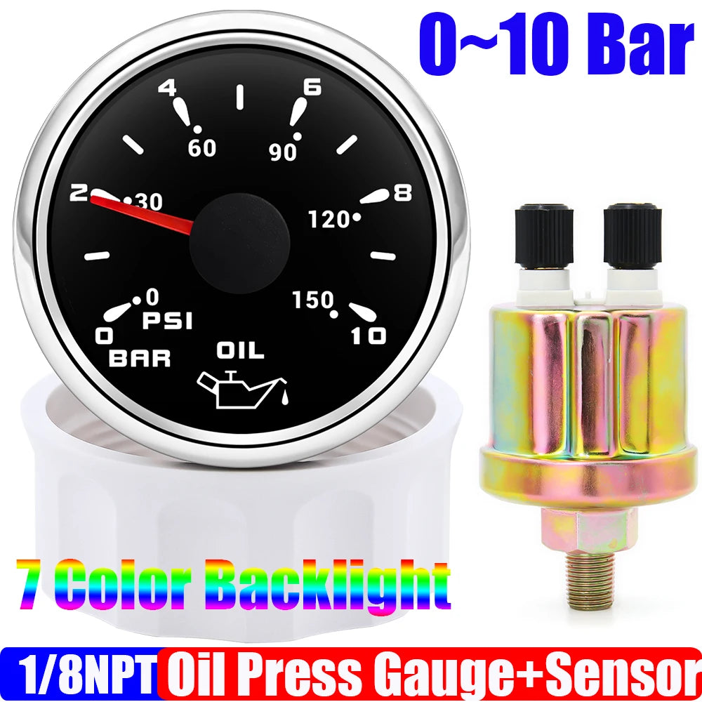 Custom Auto Car 52mm Oil Pressure Gauge+Sensor 7 Color Backlight 0~5Bar 0-10Bar Oil Press Meter with Sensor Marine Boat 12V24V