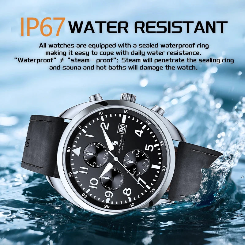 SAPPHERO Business Men's Watch Comfortable Leather Strap Water Resistant Watch with Illuminated Hands Chronograph Watch For Men