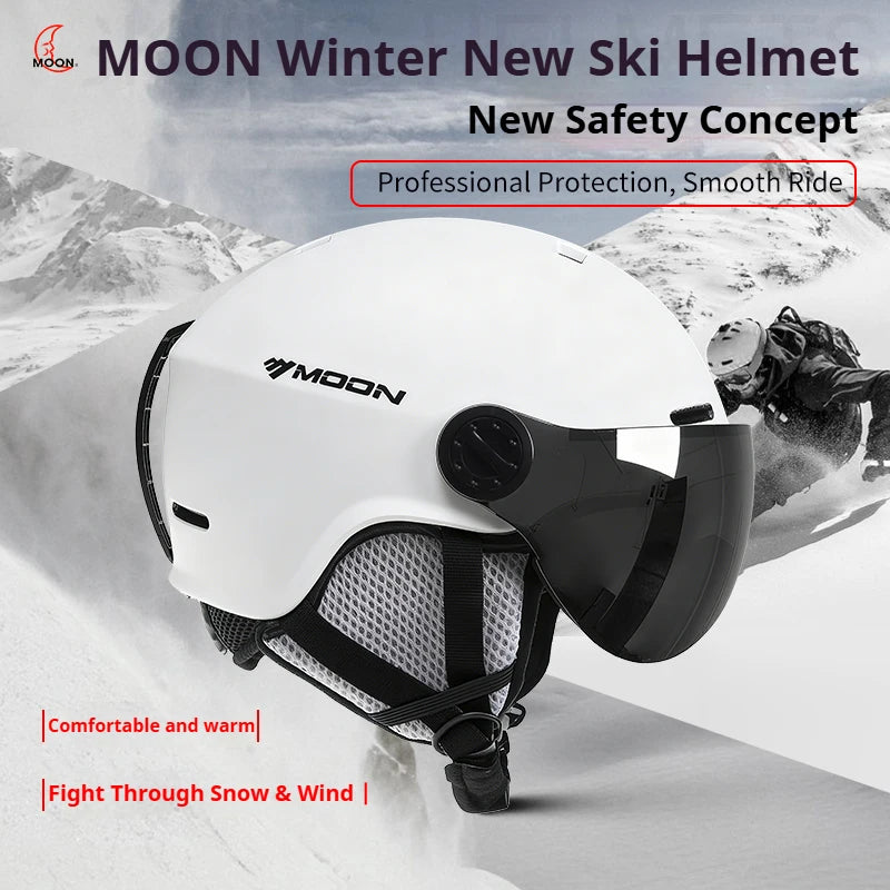MOON-Skiing Helmet with Integrally Molded Goggles, PC and EPS Outdoor Sports, Ski Snowboard and Skateboard