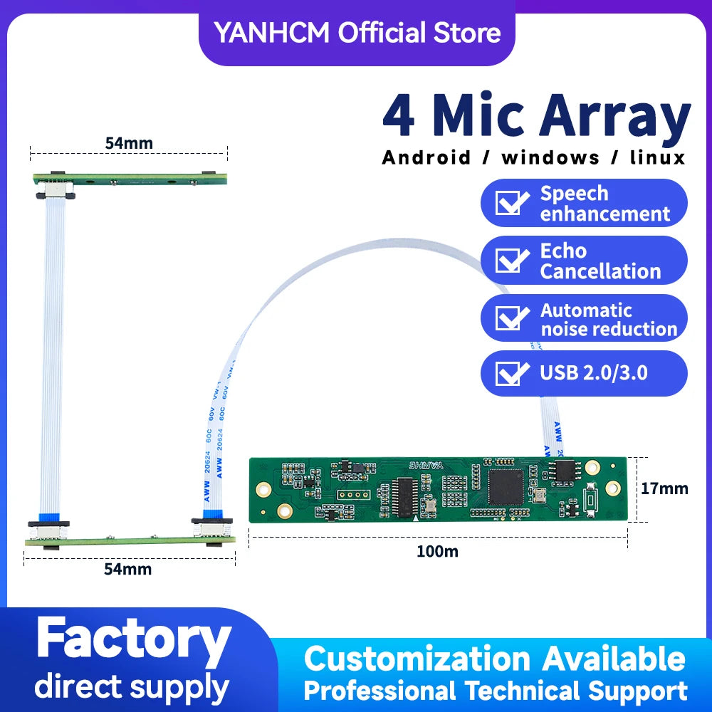 YANHCM 4 Microphone Array Module Board USB 2.0/3.0 Driverless AEC AGC for Voice
