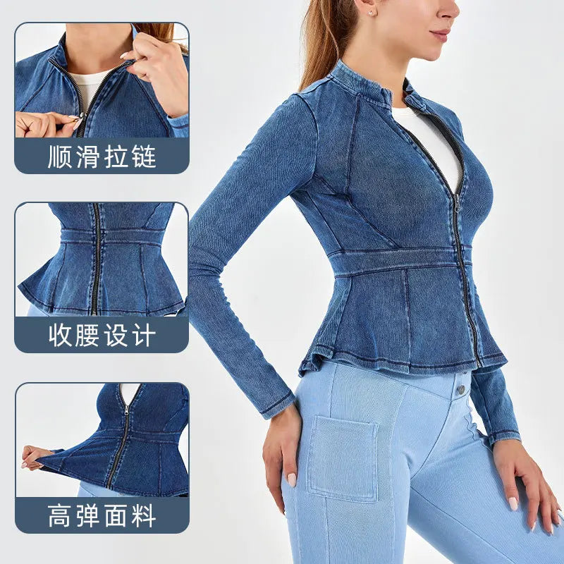 Autumn Winter New Arrival Denim Yoga Zipper Jacket Women Gym Fitness High Collar A-line Hem Slimming Long Sleeve Workout Tops