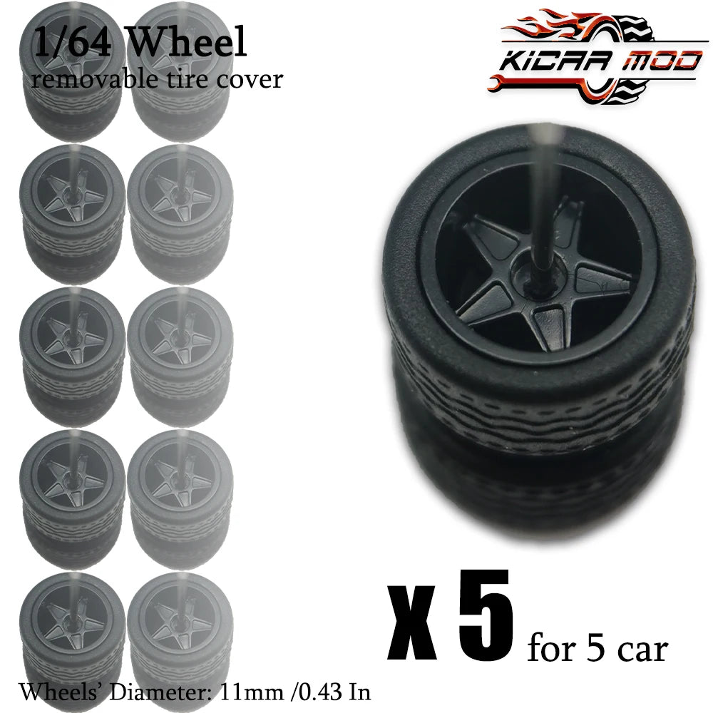 1/64 Wheels with Detachable Rubber Tires Electroplated Color for Toy Model Diecast Cars Refiting Parts for Hotwheels (5 sets)