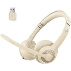 JIAMQISHI Wireless Bluetooth 5.2 Headset with Mic & USB Dongle, Mic Mute, Beige