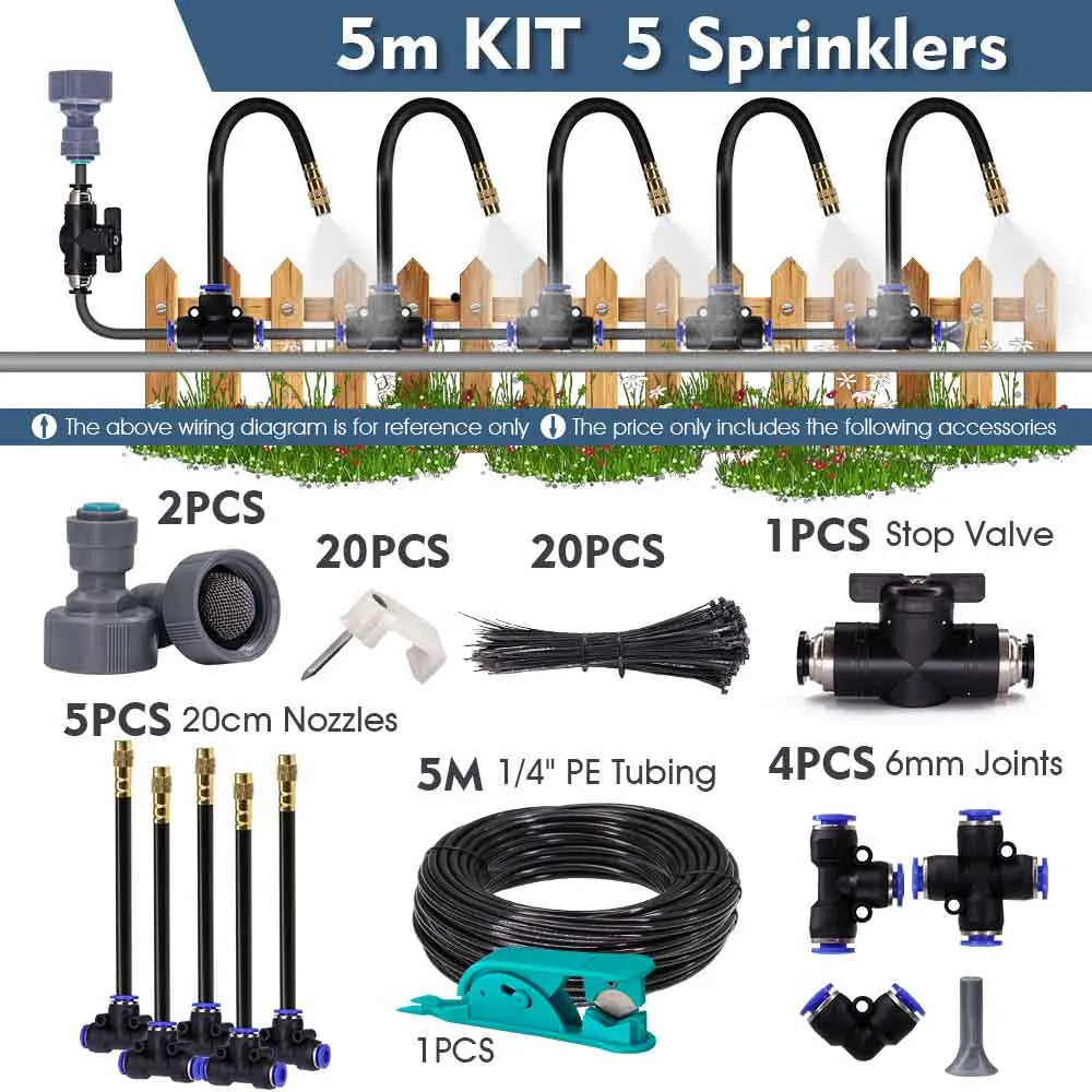 30-5m 1/4" 4/6mm Misting Cooling System 360° Free-bend Adjustable Nozzle Atomizer Sprayer for Outdoor Garden Irrigation Watering