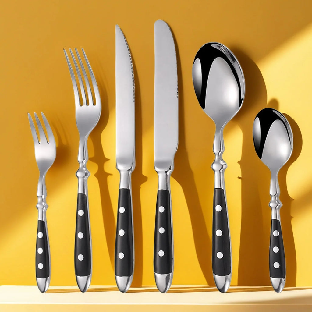 Hotel Stainless Steel Table Knife Fork Spoon Sets Teaspoon Teafork Steak Knife Cutlery Restaurant Serviing Set Black Wood Handle
