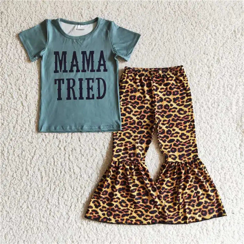 Wholesale No Moq Mama Baby Girl Clothes Short Sleeve Shirt Leopard Bell Bottom Pants Outfits Toddler Children Mother's Day Set