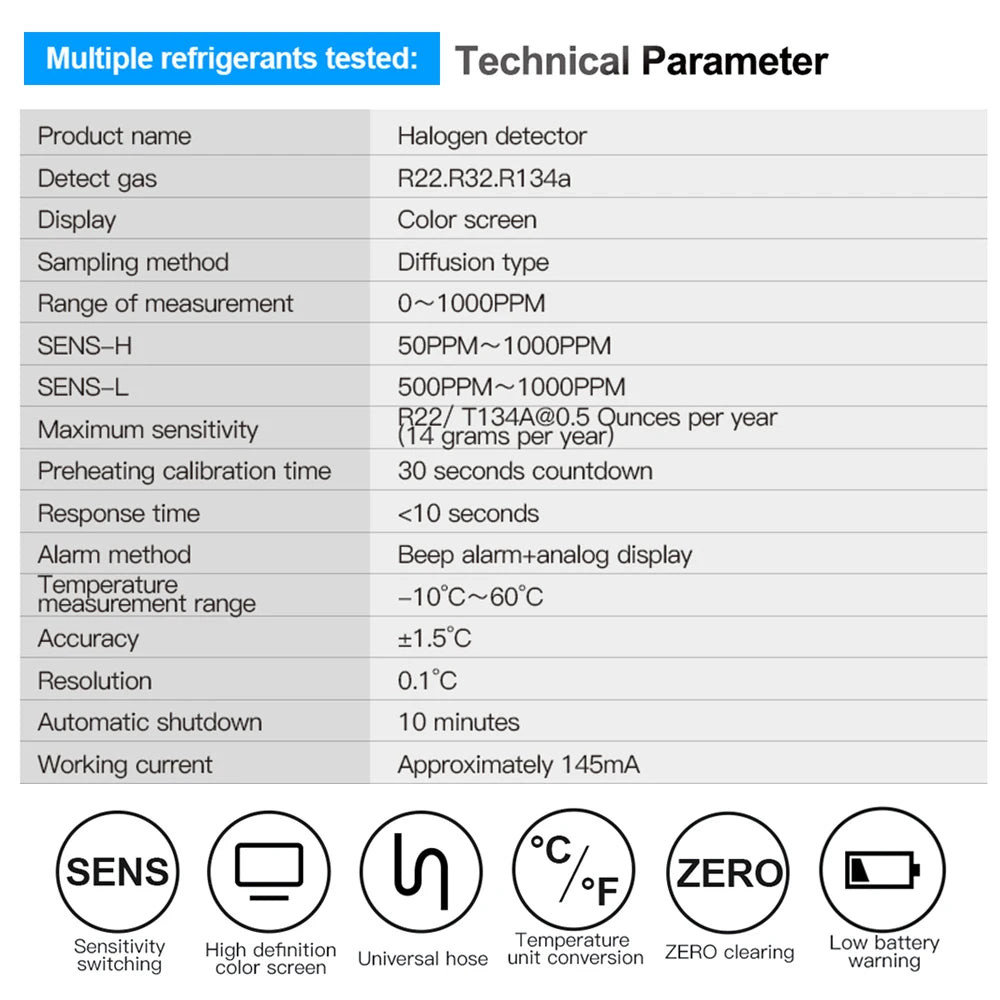 Air Conditioning Leak Detector Refrigerant Halogen Tester Meter HFC HCFC CFC PFC HFO R22 R32 R134A Combustible Gas Detector