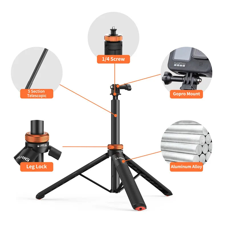 Aluminum extendable selfie stick tripod for GoPro Hero 13/12/11, Insta360 X4/X3, Osmo Action