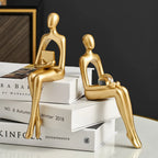 Gold Thinker Statue Bookshelf Sculpture Figurine, Holding Book Style, Modern Desk Decor