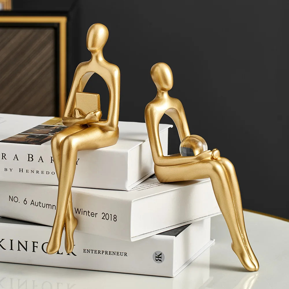 Gold Thinker Statue Bookshelf Sculpture Figurine, Holding Book Style, Modern Desk Decor