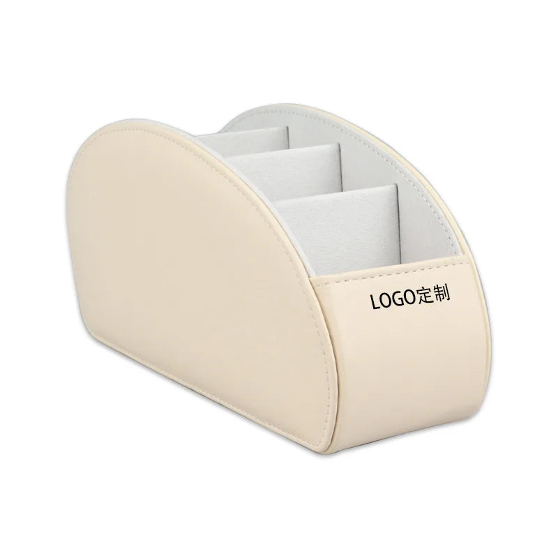 5-slot PU leather desk organizer storage box for remote control, phone, cosmetics brushes