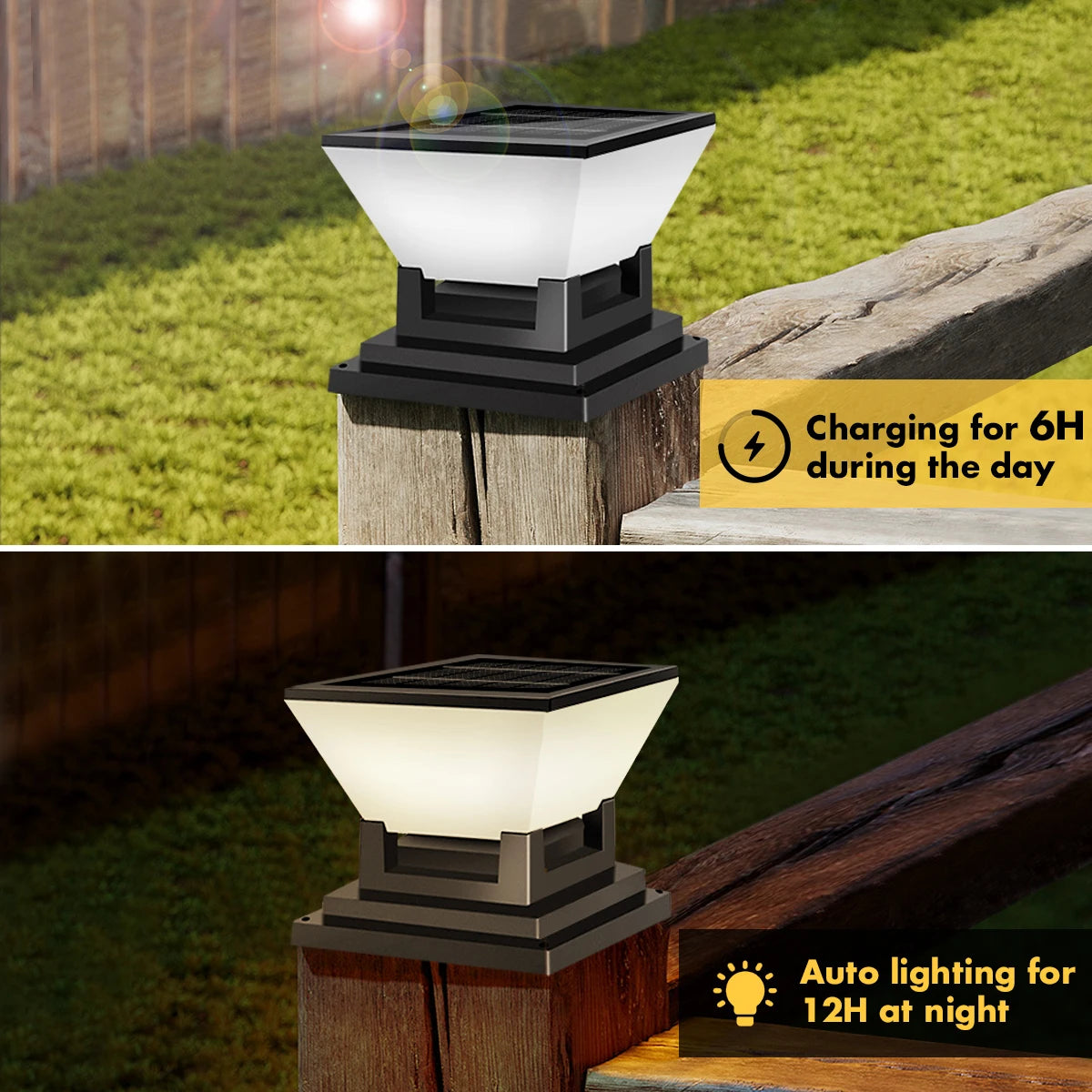 Solar Post Light Auto Dusk to Dawn IP65 Waterproof 3 Color Temps Short Press Change Long Press Off for Garden Pool Step Pillar