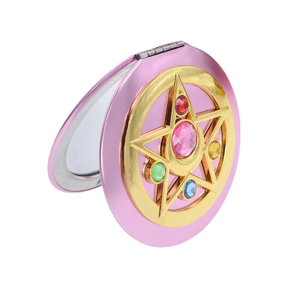 Portable Star Pattern Compact Makeup Mirror, Metal Case, Double-Sided 2x Magnifying