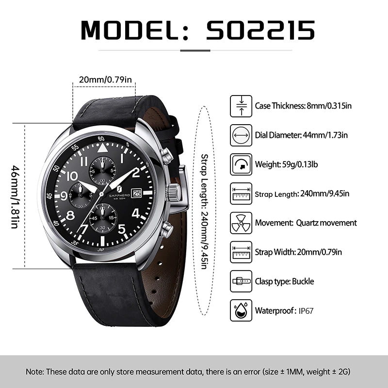SAPPHERO Business Men's Watch Comfortable Leather Strap Water Resistant Watch with Illuminated Hands Chronograph Watch For Men
