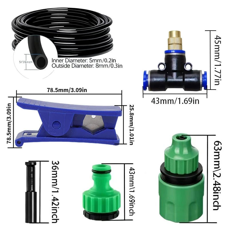 Garden Misting Cooling System Kit with Brass Nozzles, Patio Greenhouse Irrigation - 10m