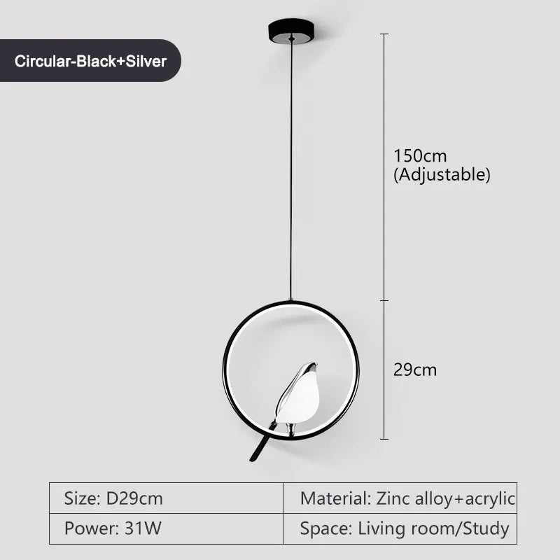 Magpie Bird Rotatable LED Pendant Light Chandelier, Metal Ceiling Hanging Lamp, Black/Gold/Silver