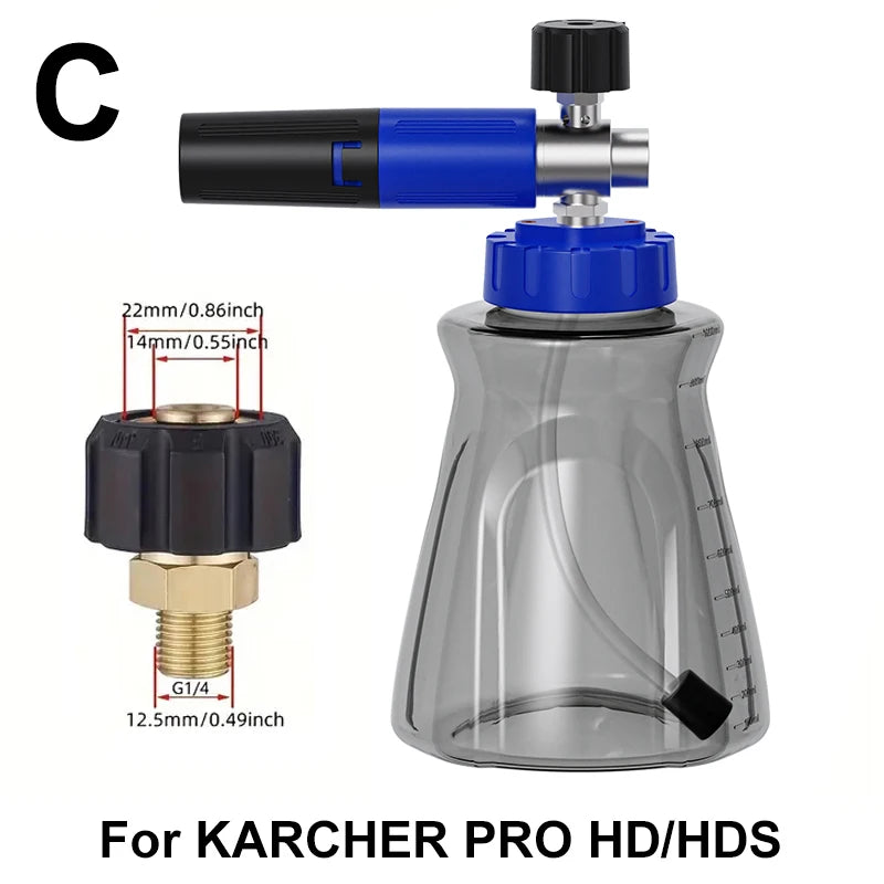 Stylish blue-black foam cannon, 1/4" quick-connect fitting, leak-proof lid air valve, for Karcher Elitech Bort AR Bosch