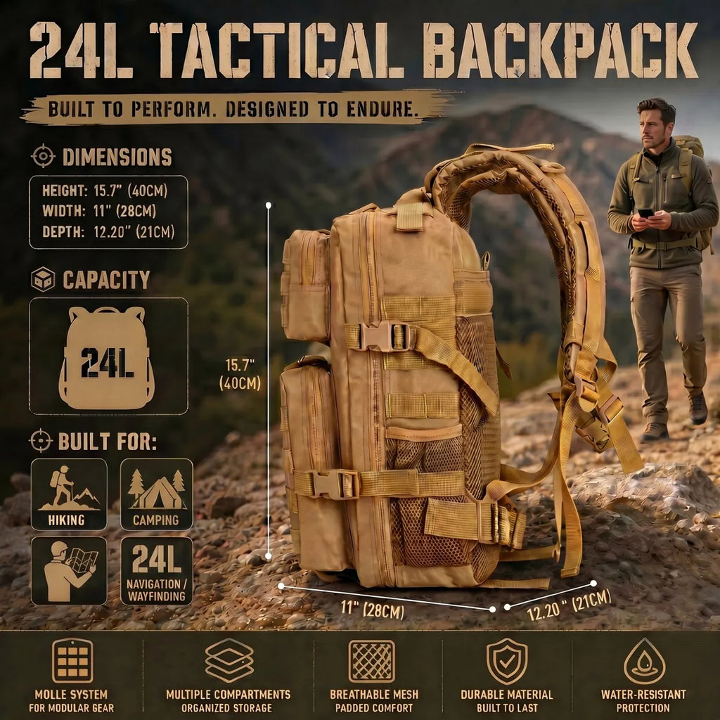 24L Tactical Backpack with Molle Webbing, Unisex Outdoor Hiking Camping Travel Daypack