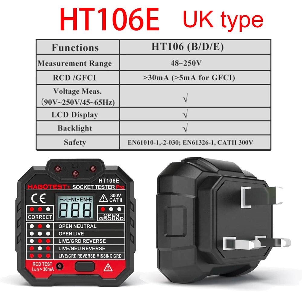 Habotest HT107 Pro Socket Tester A Comprehensive Tool for Voltage, RCD 30mA, UK/EU Plug Grounding, Zero Line, Polarity and Phas