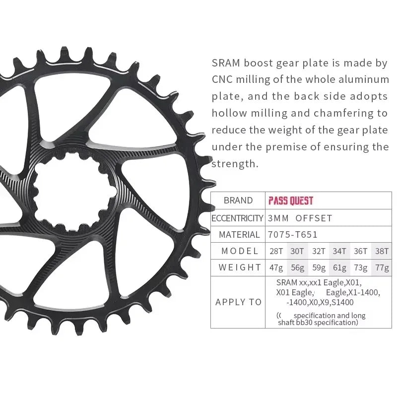 PASS QUEST 3-Bolt 3mm Offset Narrow Wide MTB Chainring for SRAM XX1 Eagle, 28-38T
