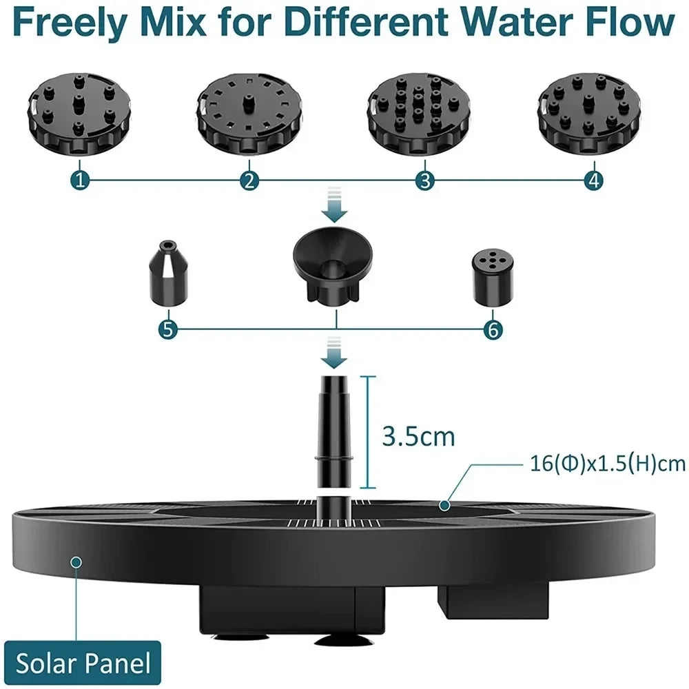 Solar Floating Water Fountain Pump with 8 Nozzles, 13cm/16cm/18cm for Bird Bath Pond