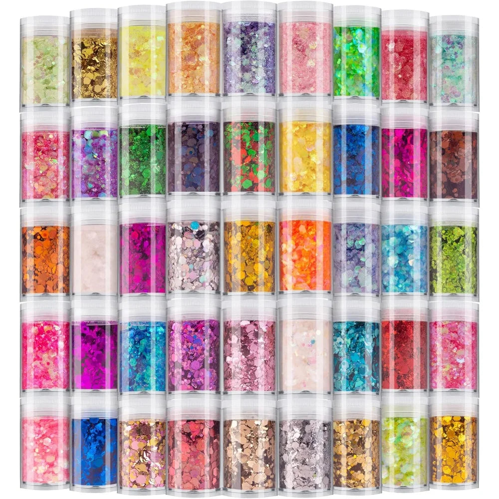 45 Colors Holographic Loose Glitter Mix Set - Chunky Hexagon + Fine Powder for Nail Art & Resin
