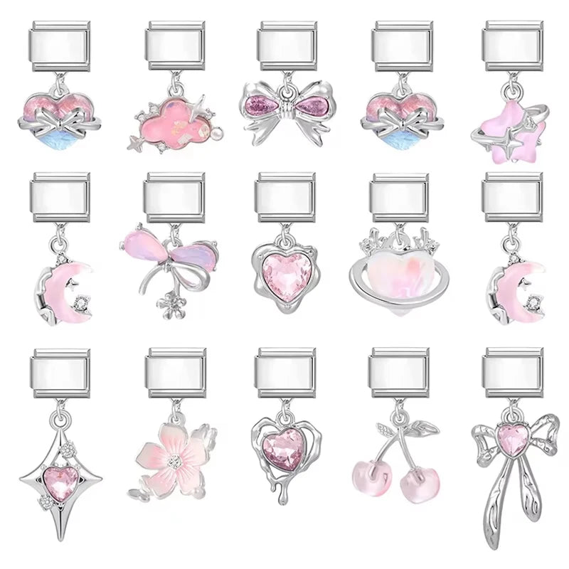 2025 New Sweet Pink Zircon Heart Bows Cherry Moon Star DIY Making Bracelet Women Men Stainless Steel 9mm Italian Charm Links Fit
