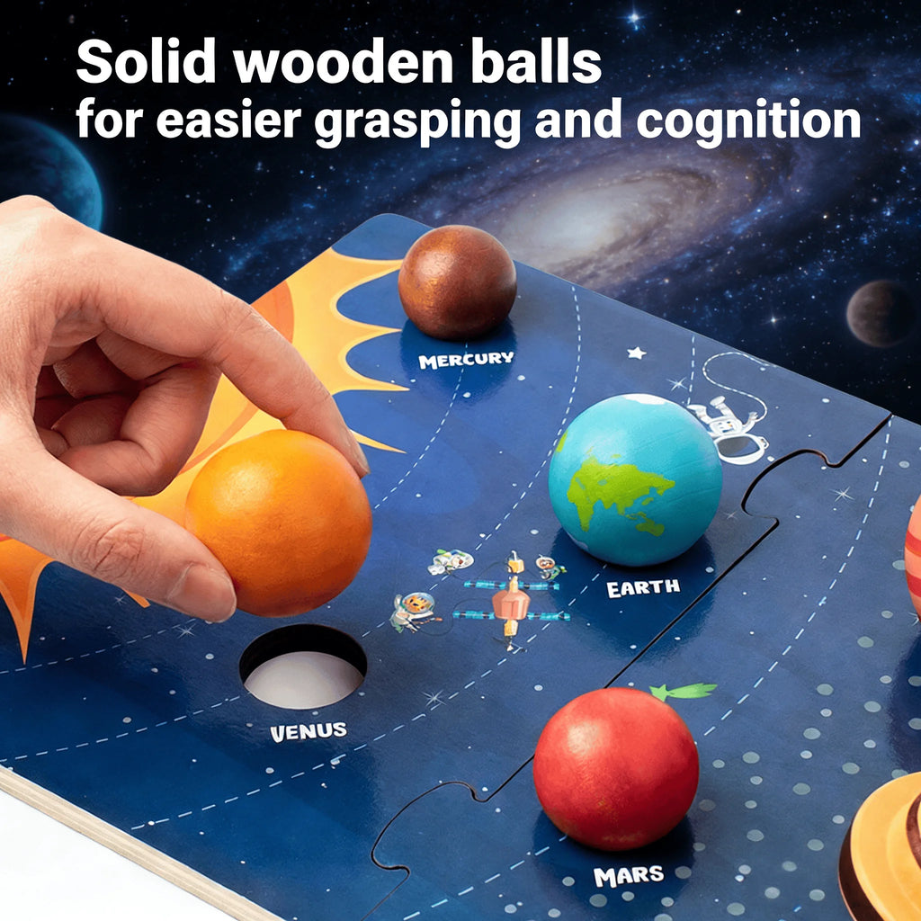 3D Planet Wooden Solar System Toy - 8 Planets with Balls & Cards - Montessori Astronomy for Kids 3+ - Safe Water-Based Paint