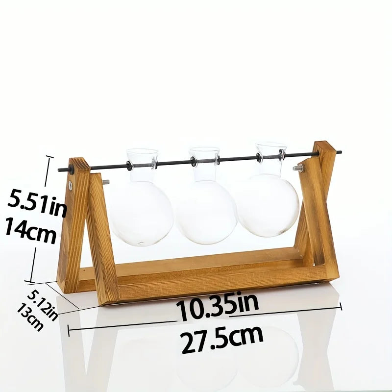1pc, Tabletop Glass Planter Propagation Station Hydroponic Plant Vases In Wooden Rack Terrarium For Plants, Clear Flower Pot For