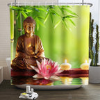 Zen Garden Shower Curtain Spa Green Bamboo Black Stone White Flower Bathroom Decor Supplies Bath Curtains Sets Polyester Fabric