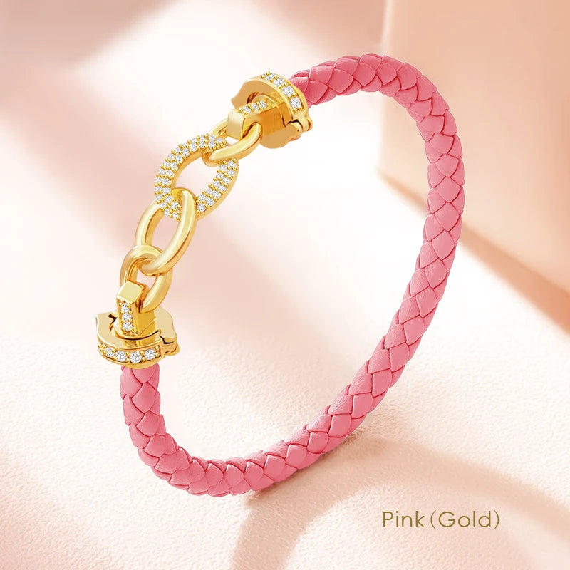 MOONLIGHT New Luxury Women's Zircon Ring Round Bracelet Genuine Braided Leather Bracelet for Woman Fashion Accessories 8 colors