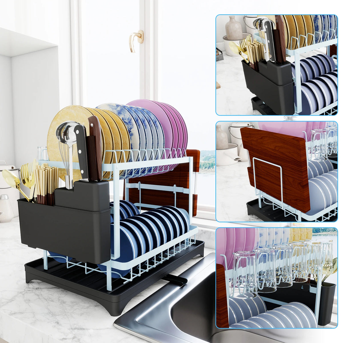 Pink Dish Drying Rack, Kitchen Storage Organiser for Plates & Bowls, Snap-On Design, No-Drill Install, Stylish Kitchen Accessory