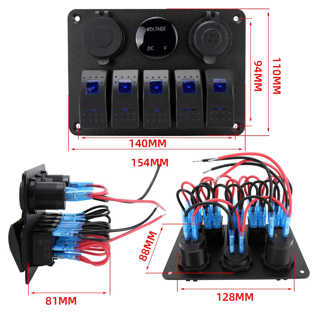 5 sets of rocker switch panels, 12-24V, with dual USB socket 4.2A+voltmeter LED light and cigarette lighter.