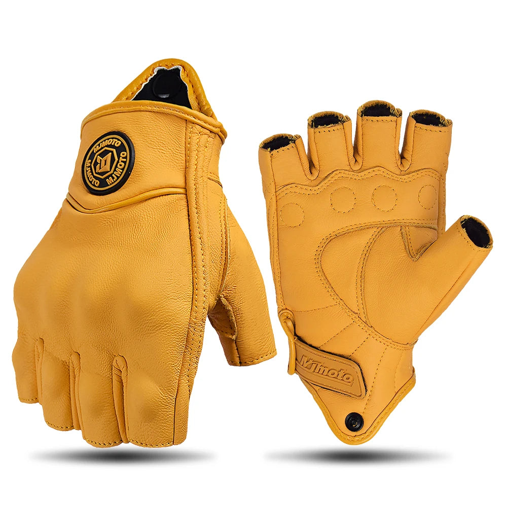 MJMOTO Leather Half Finger Motorcycle Gloves Touchscreen Hard Shell, Black/Yellow L-XXL