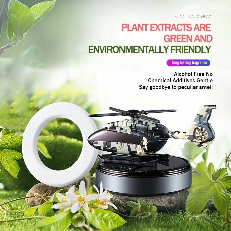 Car Solar Air Freshener Automatic Rotation Essential Oil Diffuser Dashboard Camouflage Helicopter Ornaments Remove Odor