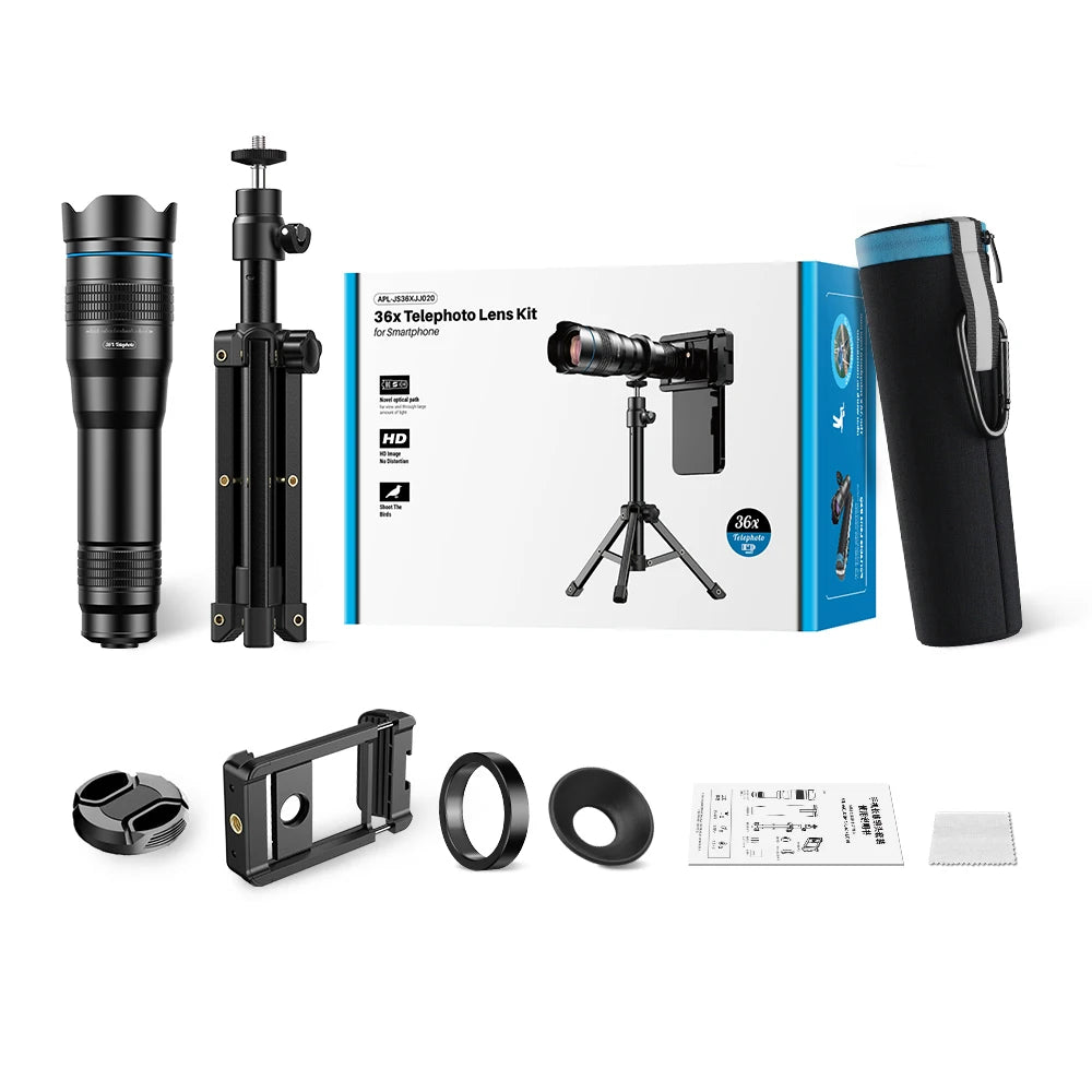 APEXEL 36x telephoto zoom lens with universal clip for iPhone & Samsung, tripod/remote options