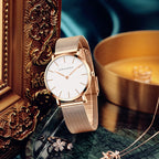 2023 New Women Bracelet Watch 1 Set Japan Quartz Movement Simple Rose Gold Stainless Steel Mesh Student Watches Relogio Feminino