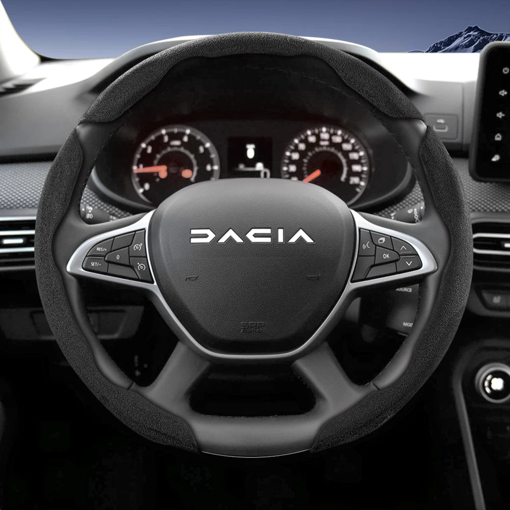 Suitable for Dacia Sports Suede Steering Wheel Cover, Split Snap-On Anti-Slip Style, for Models Such as Sandero Stepway, Duster, Jogger, Bigster, Spring, Electric, Cargo, Logan, Etc., in Black, Brown, Mocha, and Red Co