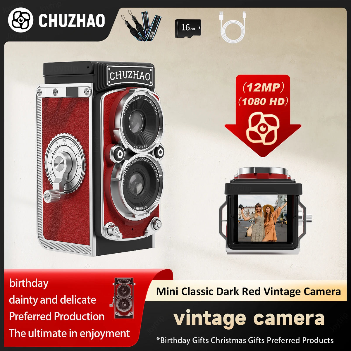 CHUZHAO Retro Mini Digital Camera  Autofocus 12MP, Portable Vlogging Camera with 1080P FHD Video, Perfect Ideal Gift