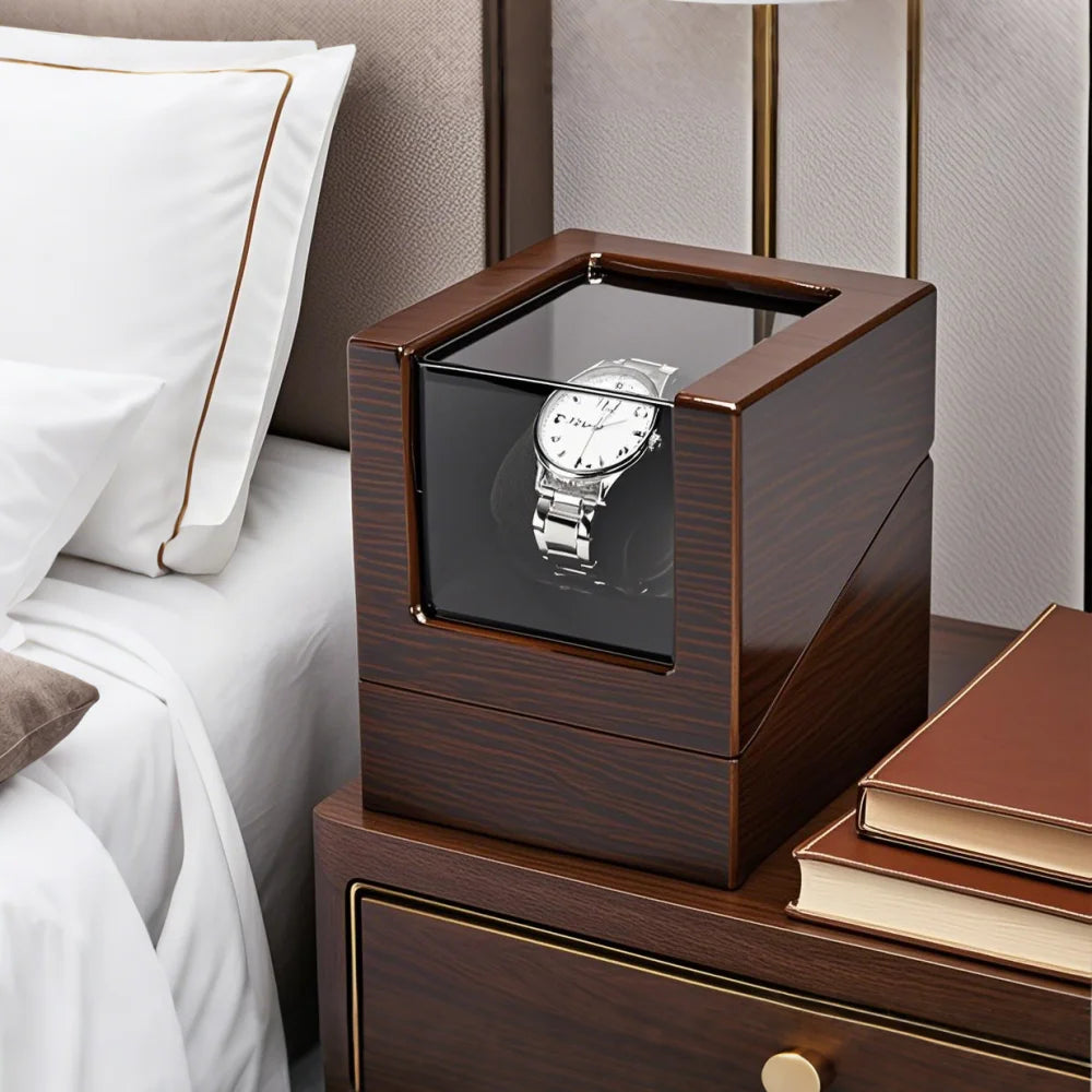 Embers Luxry Single Watch Winder Battery Wooden Shaker Watch Box Automatic Winder Glass Storage Case Mabuchi Motro