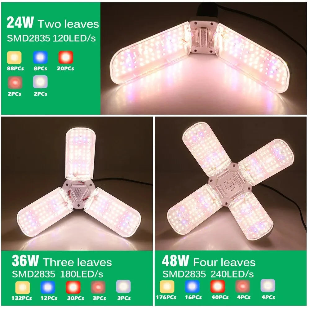 24/36/48W Fan Leaf Foldable LED Grow Light Full Spectrum E27 Plant Growing Light Phytolamp Bulb Indoor Plants Flower Seedling