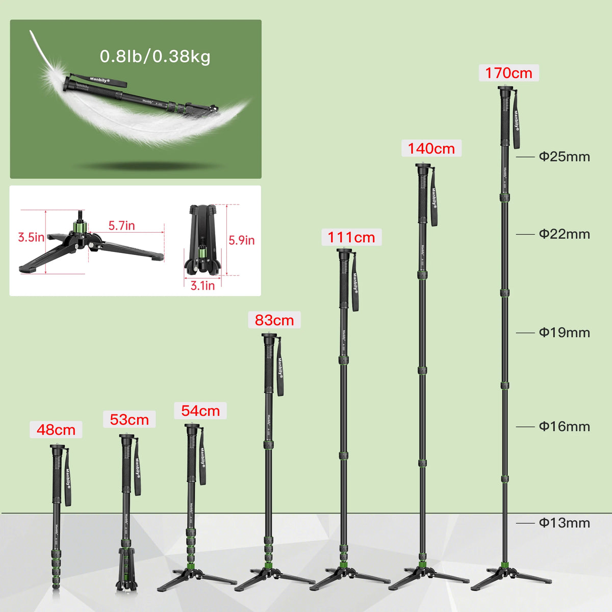 Manbily Lightweight Camera Tripod Monopod Selfie Stick Aluminum A-222 Pro For Canon Nikon DSLR Travel Max 170cm with M-2 Base