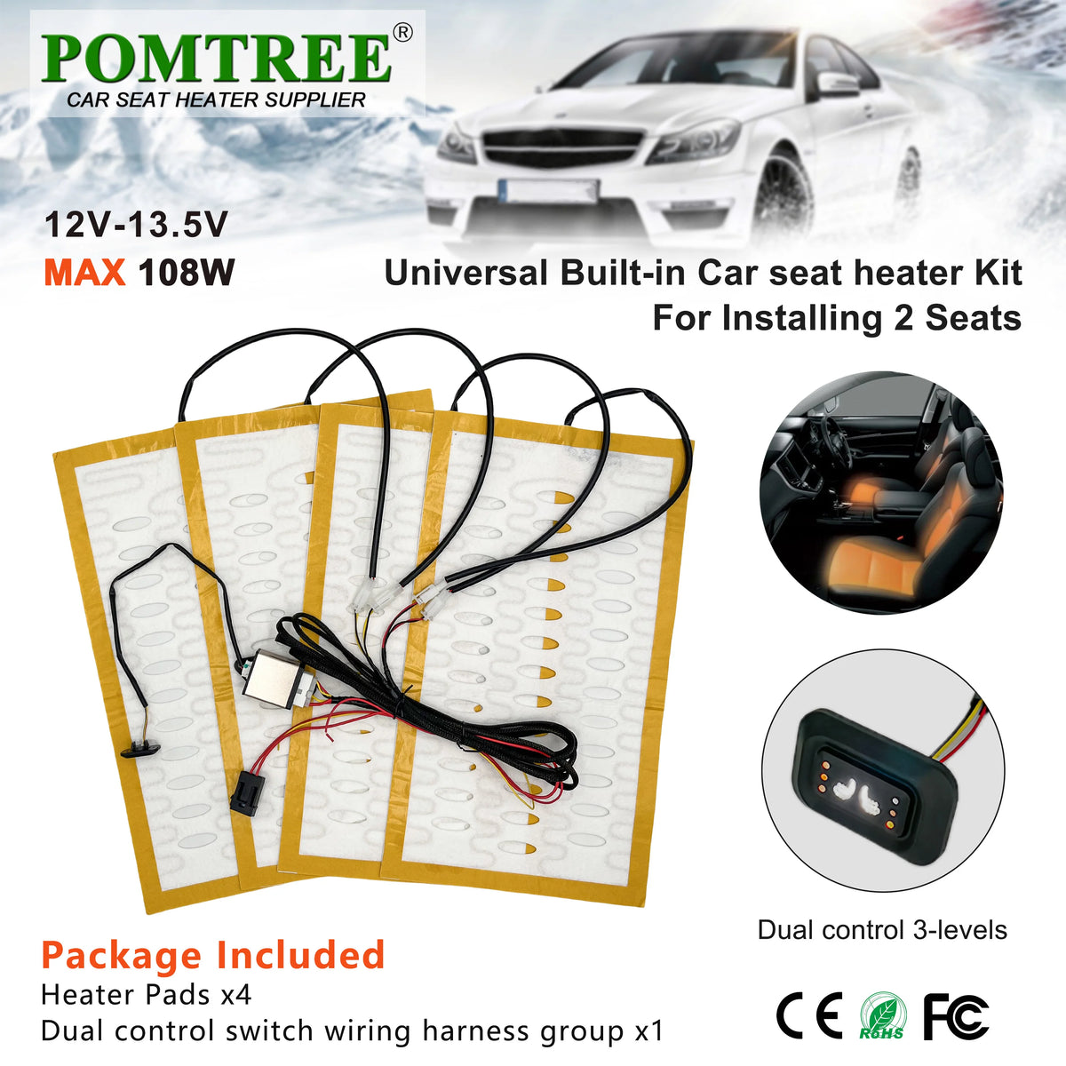 Universal Car Seat Heater Kit for 2 Seats 108W Alloy Wire Heating Pads 3-Level Dual Switch